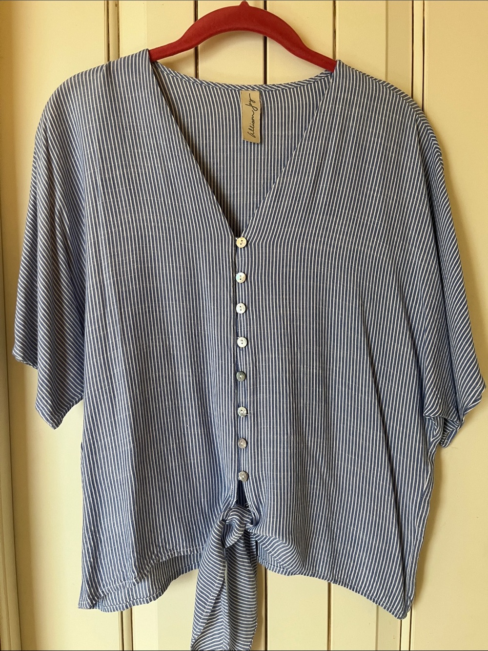 Allison Joy Blue and White Striped Button-Front Tie Hem Top